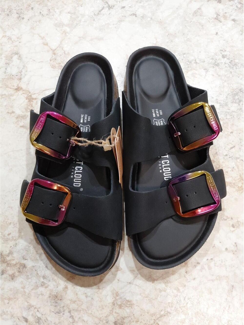 NWT Project Cloud 100% Genuine Leather Flat Sandals for Women Black Matte Size 8